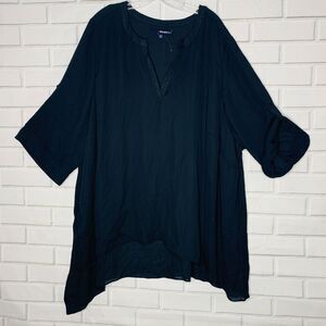 NEW Denim 24/7 blouse tunic black georgette split neck roll tab sleeve 32W women